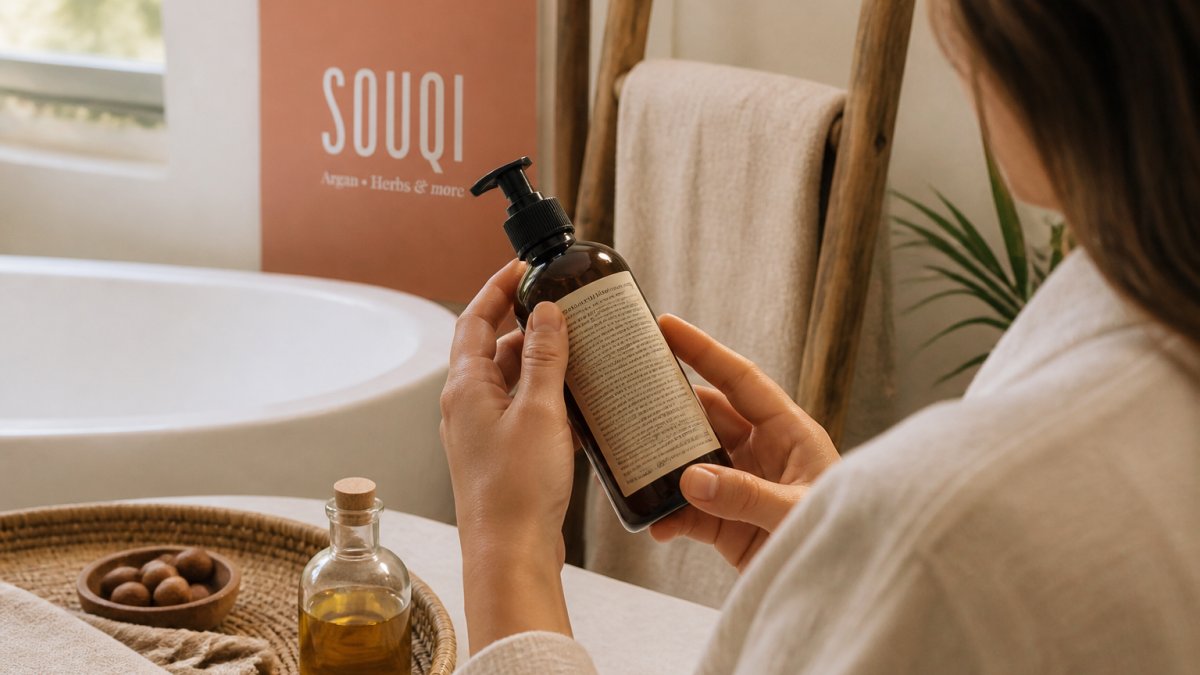 Iemand leest aandachtig de ingrediëntenlijst op de achterkant van een shampoofles in een lichte badkamer.