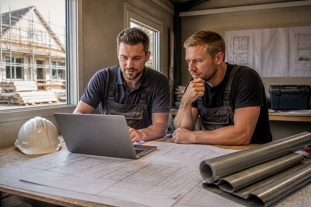 Twee bouwprofessionals bekijken een leaddashboard op een laptop in een bouwkeet bij het kiezen van een leadplatform.