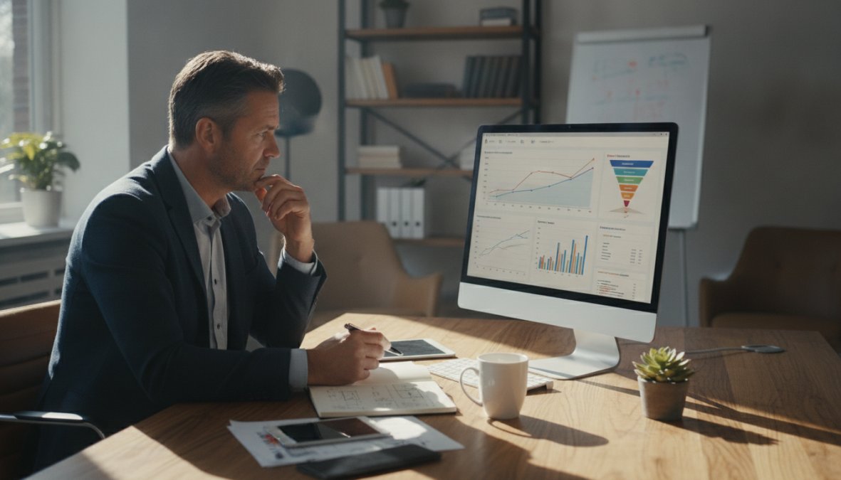 Ondernemer bekijkt website analytics op een monitor om te zien hoe krijg ik meer website aanvragen voor het bedrijf.