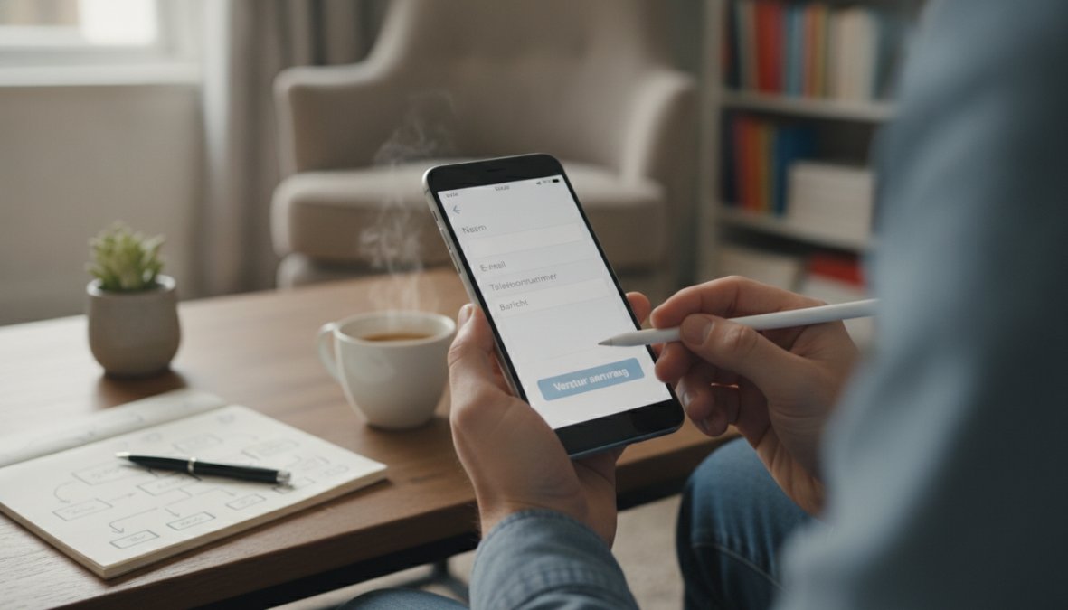 Close-up van een hand die een smartphone vasthoudt terwijl een overzichtelijk contactformulier op het scherm wordt ingevuld, met een heldere witte achtergrond en grote invoervelden