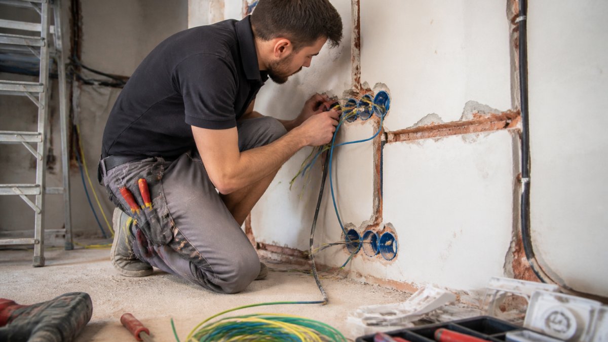 Elektricien aan het werk met elektrische bedrading in een woning, sleuven zichtbaar in de muur, gereedschap en elektrische componenten op de achtergrond
