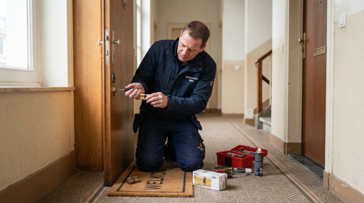 Een slotenmaker in professionele werkkleding die een cilinder van een appartementsdeur verwisselt, met gereedschap en een nieuwe veiligheidscilinder zichtbaar op de deurmat, natuurlijk daglicht in een Antwerpse gang