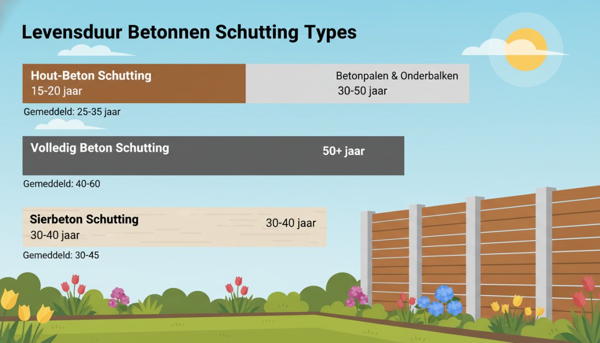Een netjes geplaatste hout-beton schutting in een verzorgde Nederlandse tuin op een zonnige dag, met grijze betonpalen en houten planken, groene planten en een gazon op de voorgrond