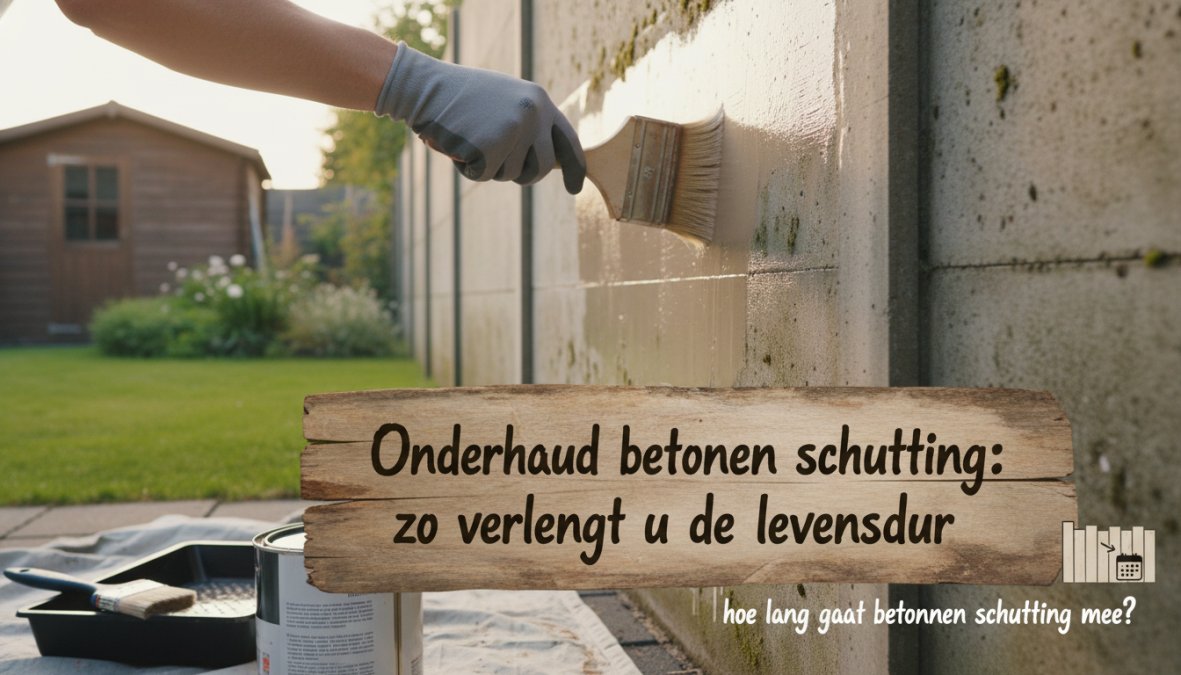 Een persoon in casual buitenkleding die houtbeits aanbrengt op een schuttingplank met een kwast, met tuingereedschap en een emmer zichtbaar op een betegeld terras, in zachte daglichting