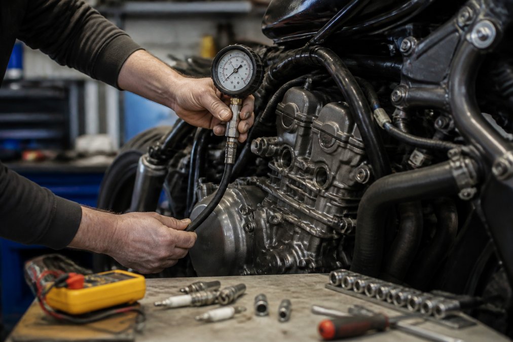 Close-up van een monteur die een compressietester aansluit op de bougie-opening van een sportmotorblok in een werkplaats, met gereedschap en een multimeter op de werkbank