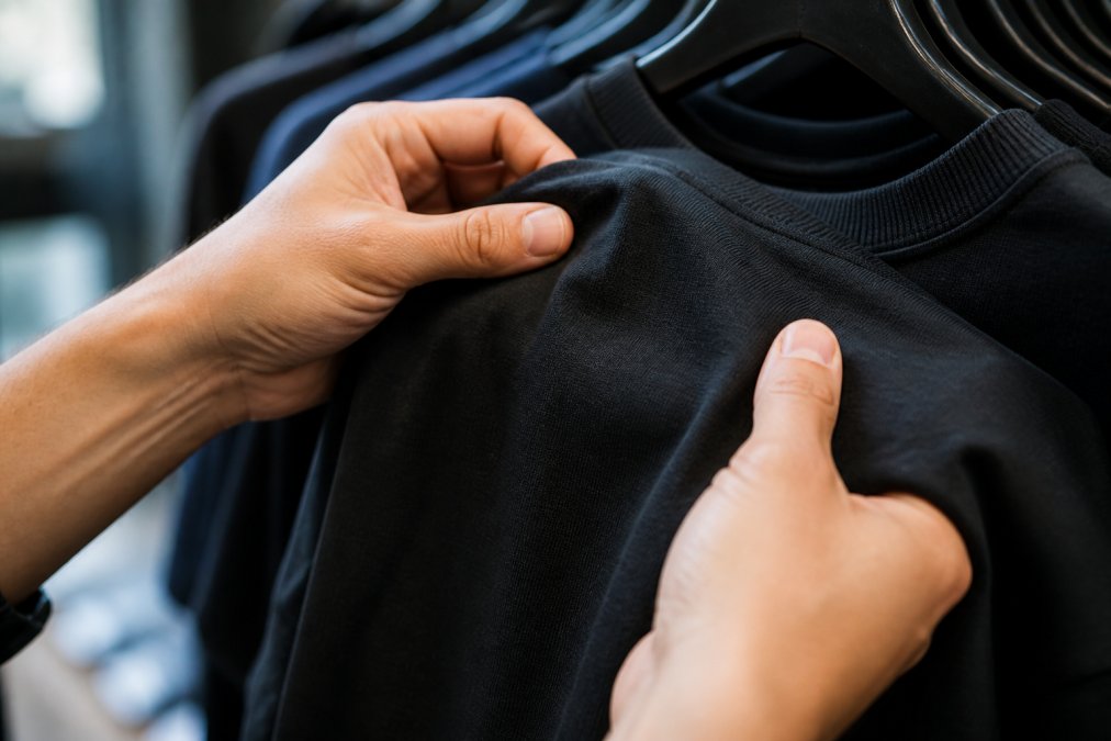 Nærbillede af hænder, der mærker og kontrollerer vævningen i en bomulds-T-shirt med fokus på tekstur og tæthed