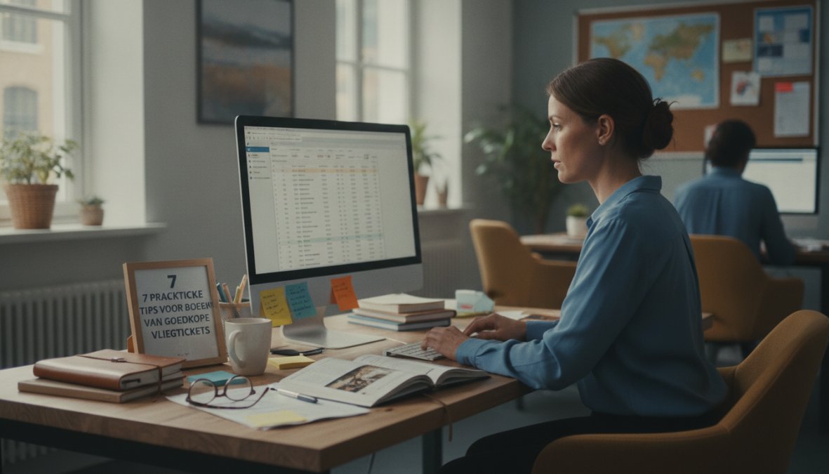 Persoon zoekt op een laptop naar vliegtickets met koffie en notitieblok om te bepalen hoe lang van tevoren vliegtickets bo...