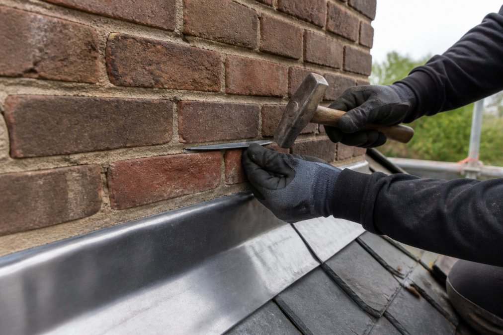 Close-up van de gehandschoende handen van een dakdekker die met een loodklopper een loodslab in een uitgeslepen voeg van een gemetselde muur slaat. Op de achtergrond is een dakrand met vers verwerkt bladlood zichtbaar, helder daglicht