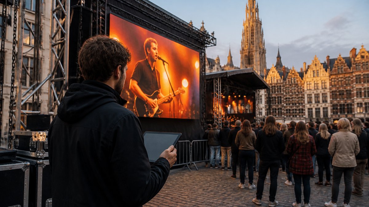 Een technicus bekijkt een groot LED-scherm op een evenementenlocatie in Antwerpen terwijl hij een tablet vasthoudt en de animatie-inhoud controleert, met publiek op de achtergrond en warme avondverlichting