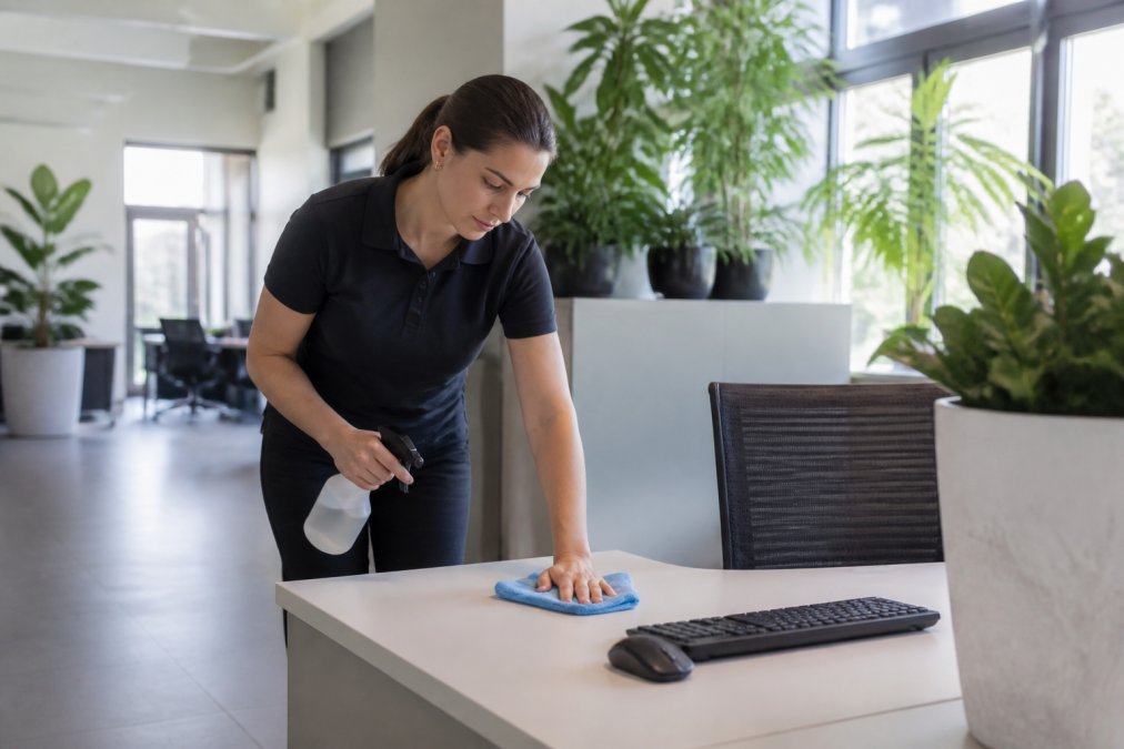 Kantoormedewerker maakt een bureau schoon om nare geuren op kantoor te neutraliseren met een frisse doek.