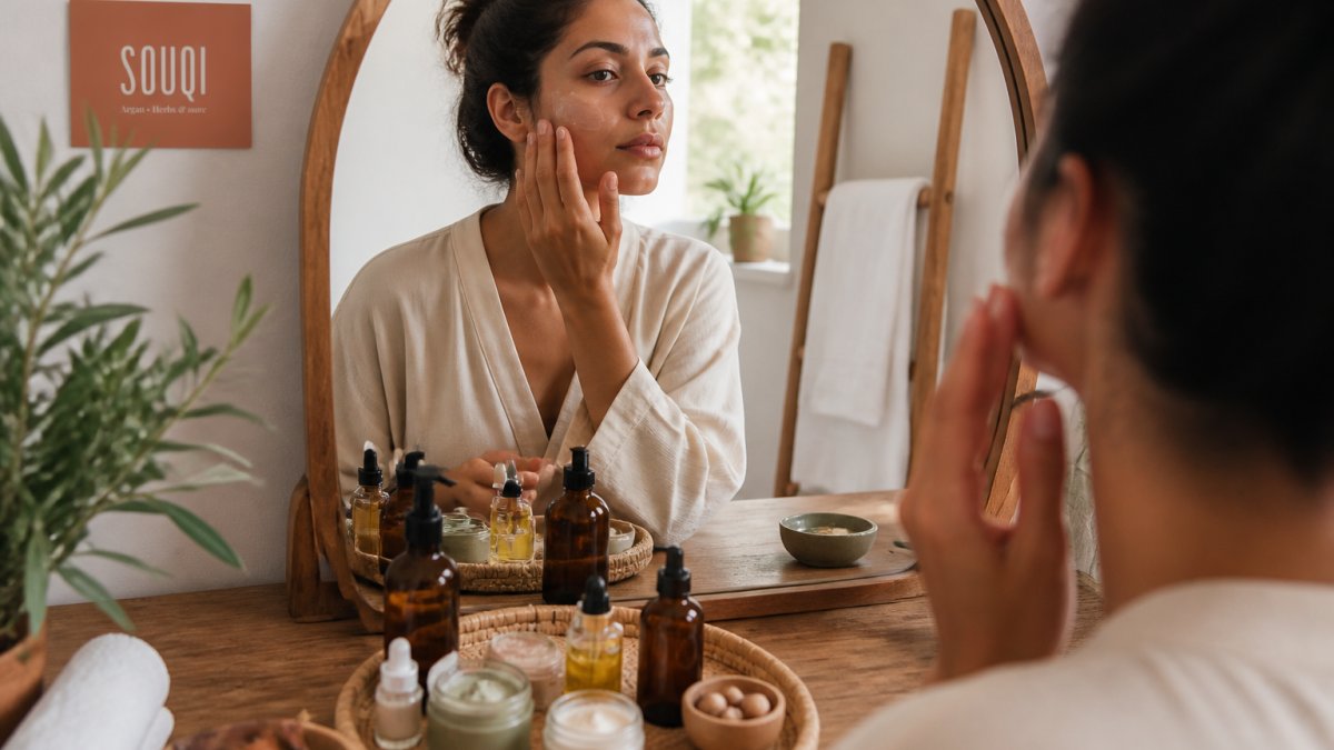 Iemand die 's ochtends een natuurlijke huidverzorgingsroutine uitvoert op een badkamertafel: gezicht reinigen met water, serum aanbrengen op vochtige huid, dagcrème zachtjes masseren met opwaartse bewegingen, met natuurlijke producten in glazen flesjes en potjes op een houten oppervlak