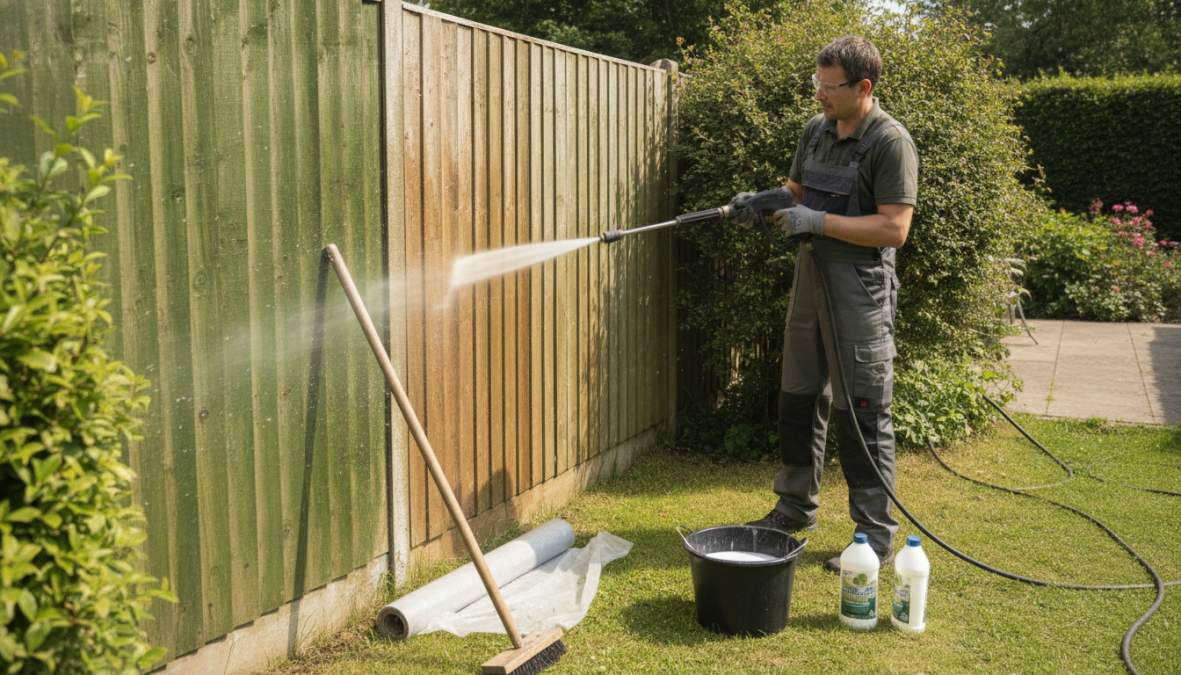 Iemand reinigt een houten schutting met een zachte borstel en tuinslang, water spuit tegen de schuttingplanken terwijl zonlicht de natte planken verlicht
