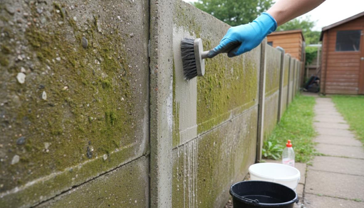 Close-up van een persoon die met een zachte borstel en een emmer water een grijze betonnen schuttingpaneel schoonmaakt, met groene algenvlekken zichtbaar op het betonoppervlak, fotografisch vastgelegd in een Nederlandse achtertuin op een bewolkte dag