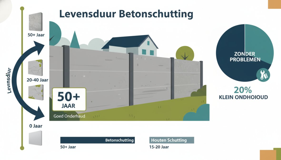 Een goed onderhouden betonnen tuinschutting met betonpalen en panelen in een verzorgde Nederlandse achtertuin, met lichte natuurlijke verwering en patina zichtbaar op het oppervlak, fotografisch vastgelegd op een zonnige middag