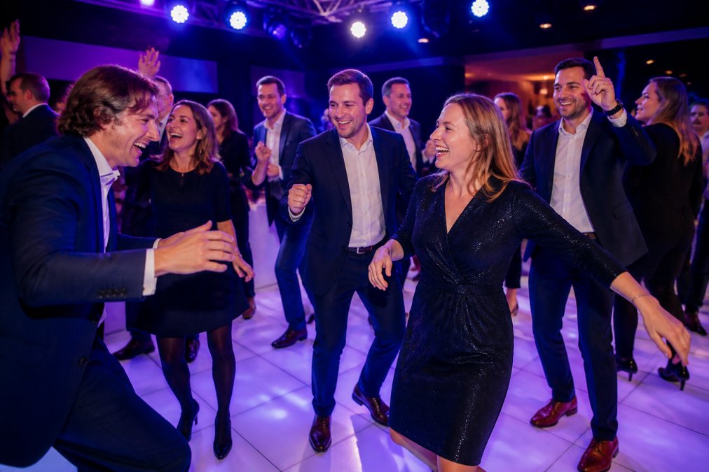 Groep enthousiaste zakenmensen die samen dansen op een verlichte dansvloer tijdens een bedrijfsevenement, met brede glimlachen en energieke bewegingen onder blauw en paars licht