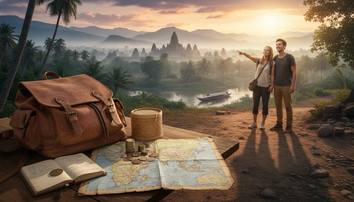 A young traveller with a large backpack standing at a scenic viewpoint overlooking terraced rice fields and lush green valleys in Southeast Asia, golden afternoon light, sense of adventure and freedom