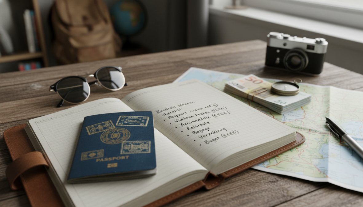 Close-up of a person's hands writing a detailed travel checklist in a notebook on a wooden desk, with a passport, boarding pass, and smartphone placed nearby, warm natural light from a window