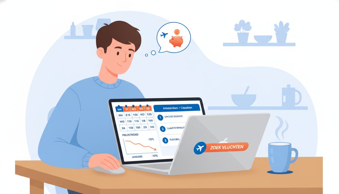 Persoon zit aan een keukentafel met een laptop waarop vluchtzoekresultaten zichtbaar zijn, een koffiekopje staat naast het toetsenbord, de persoon kijkt geconcentreerd naar het scherm terwijl hij een vakantie plant, warm daglicht valt door het raam