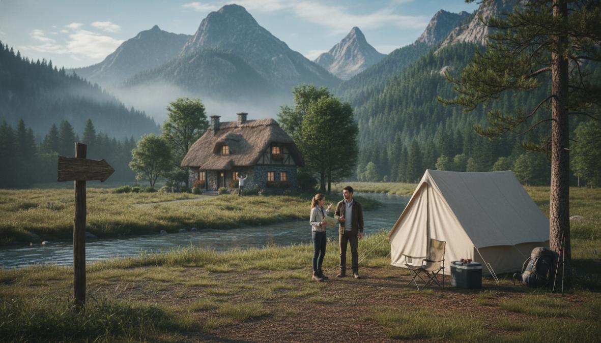 Een tent staat opgezet op een schilderachtige camping met bossen op de achtergrond, gouden avondlicht schijnt over het tentdoek, kampeeruitrusting ligt netjes naast de ingang, een paar wandelschoenen staan bij de tentingang