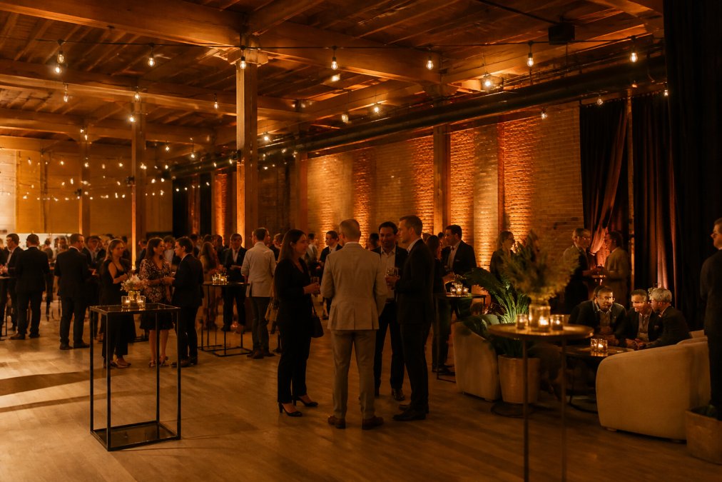 Elegant ingerichte bedrijfsfeestzaal met warmwitte sfeerverlichting, subtiele lampjes in hoeken en gedempt licht dat een ontspannen, uitnodigende sfeer creëert met gasten die relaxed converseren