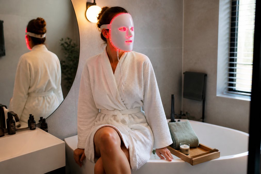 Een persoon die een rood licht LED-masker draagt in een badkamer met zachte verlichting, ontspannen zittend op de rand van een bad voor een spiegel