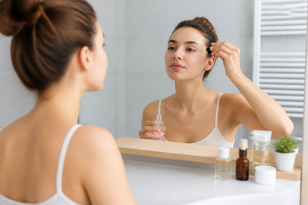 Jonge vrouw brengt serum aan in de badkamer voor een optimaal resultaat huidverzorging tijdens haar routine.