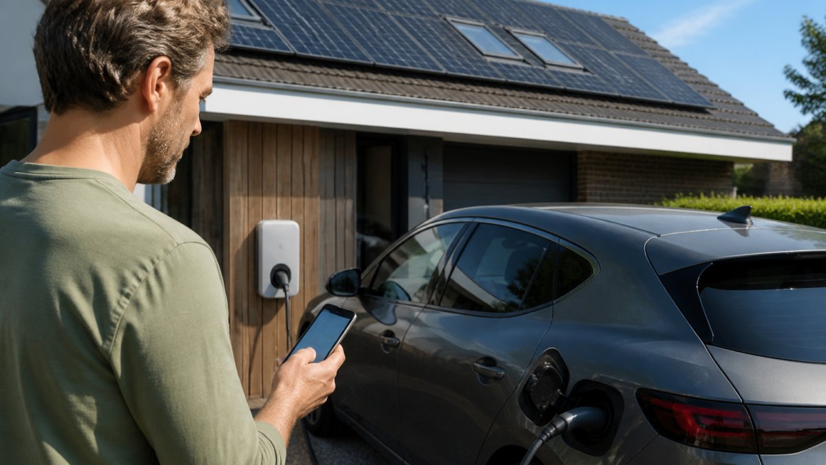 Een huiseigenaar bekijkt op een smartphone het laadscherm van een laadpaal in een oprit, terwijl op de achtergrond zonnepanelen op het dak zichtbaar zijn en een elektrische auto is aangesloten