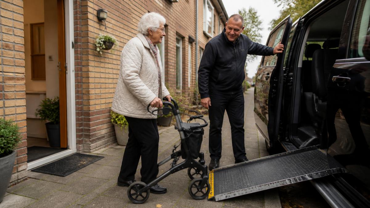 Vriendelijke chauffeur helpt oudere dame met rollator bij Wmo-taxi kosten in Utrecht