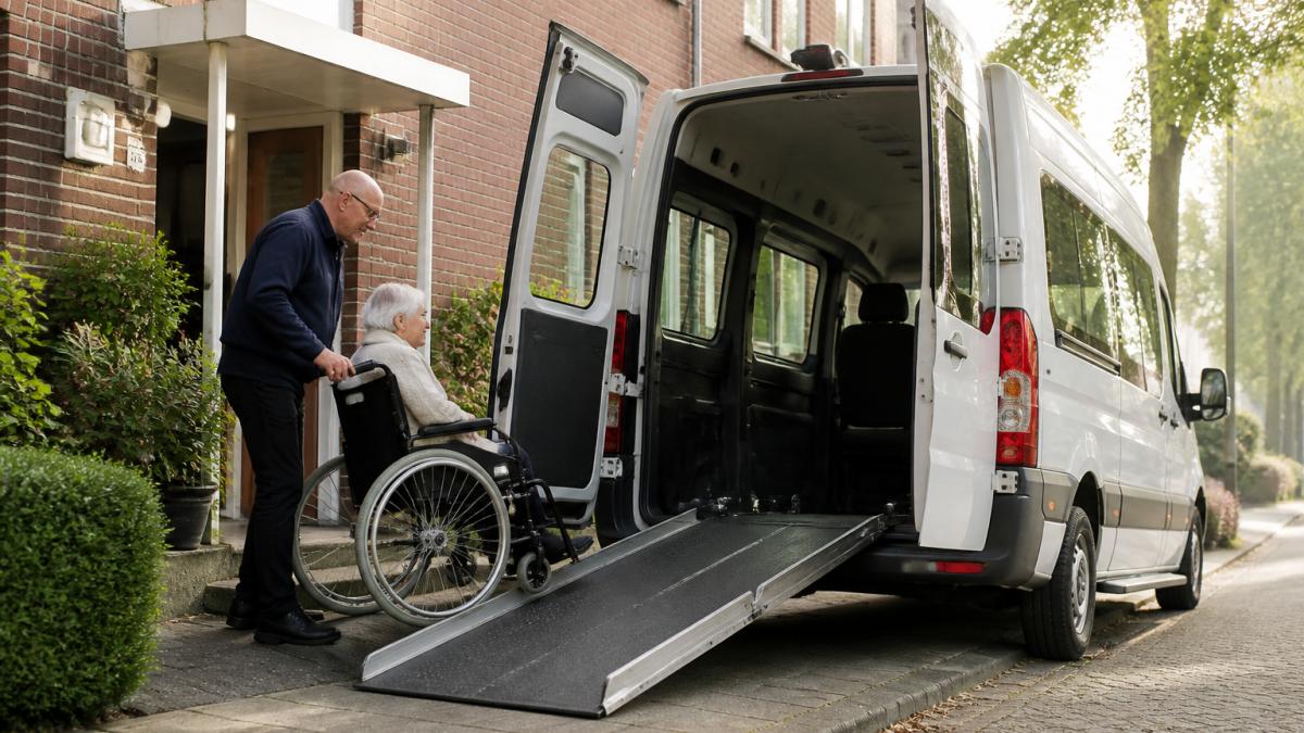 Vriendelijke chauffeur biedt persoonlijke service bij het instappen van een oudere vrouw in een rolstoelbus.