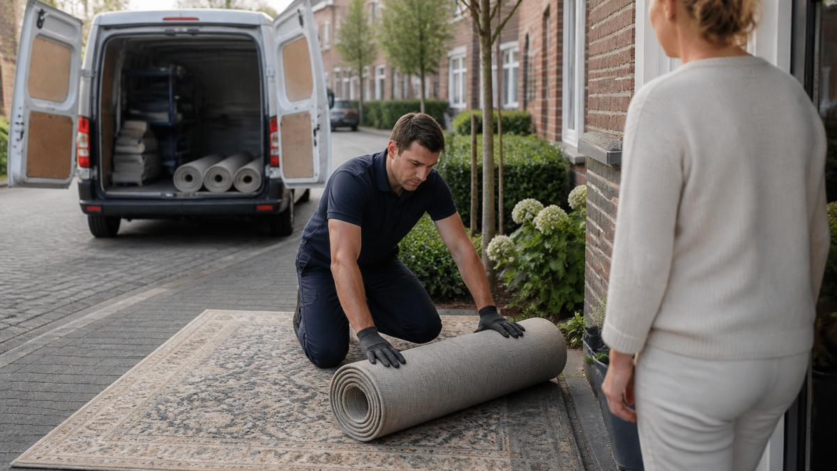Medewerker van een regionale wasserij rolt een groot vloerkleed op bij een klant aan huis, met een bestelbusje van de ophaal- en bezorgservice in de achtergrond op een rustige Nederlandse straat