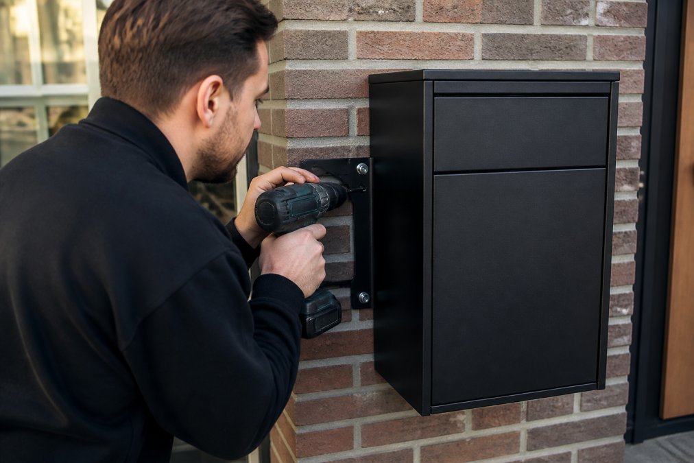 Huiseigenaar die een robuuste pakketbrievenbus aan een gemetselde voorgevel bevestigt met boormachine, terwijl de verankering en montagebeugels zichtbaar zijn in daglicht