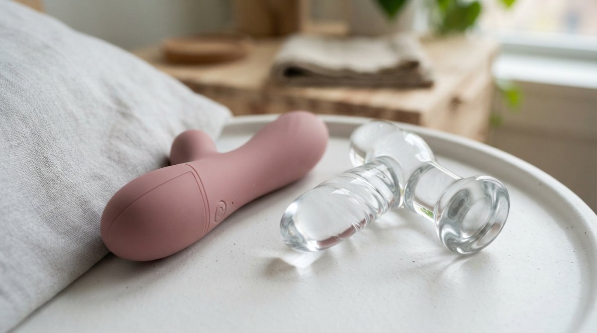 Close-up van medische siliconen en glazen seksspeeltjes naast elkaar op een witte ondergrond, met duidelijke materiaalverschillen zichtbaar onder natuurlijk licht