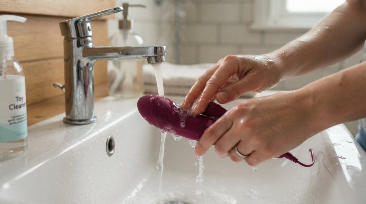 Handen die voorzichtig een seksspeeltje onder warm water met milde zeep reinigen, met duidelijke hygiënische techniek zichtbaar