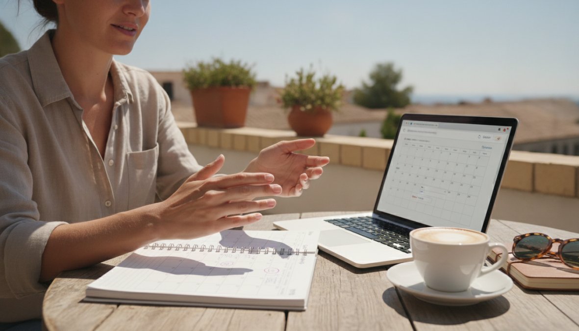 Reiziger zit op een zonnig terras met een open laptop en een papieren kalender, markeert data met een pen terwijl een kop koffie naast hem staat, mediterrane achtergrond met palmbomen