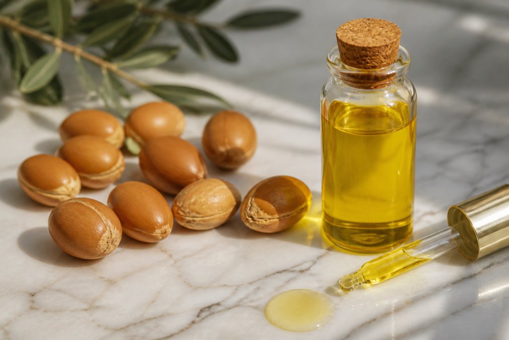 Close-up van een klein glazen flesje pure arganolie naast een handvol ruwe argannoten, met een gouden druppel olie die op een lichte marmeren ondergrond valt, zachte natuurlijke lichtinval
