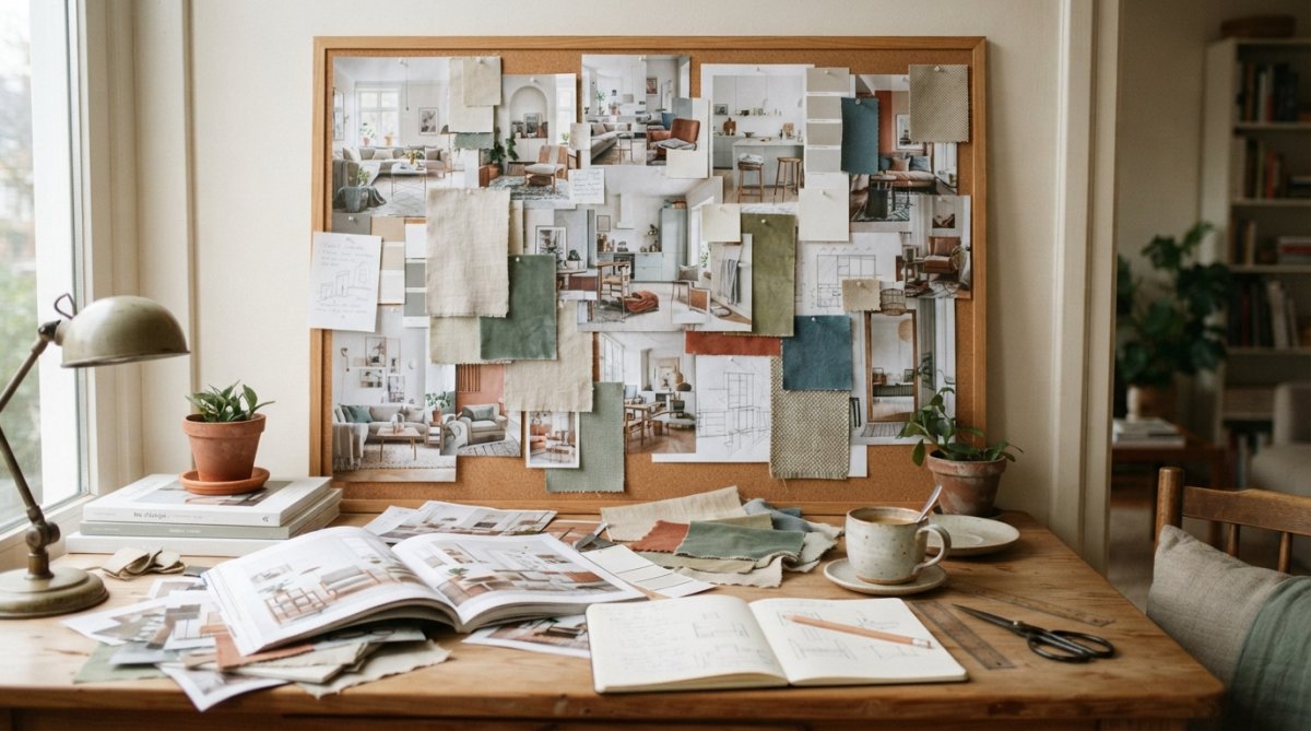 Werkplek met inspiratiebord vol uitgesneden interieurafbeeldingen, kleurenstalen, textuurmonsters en aantekeningen, kopje koffie erbij
