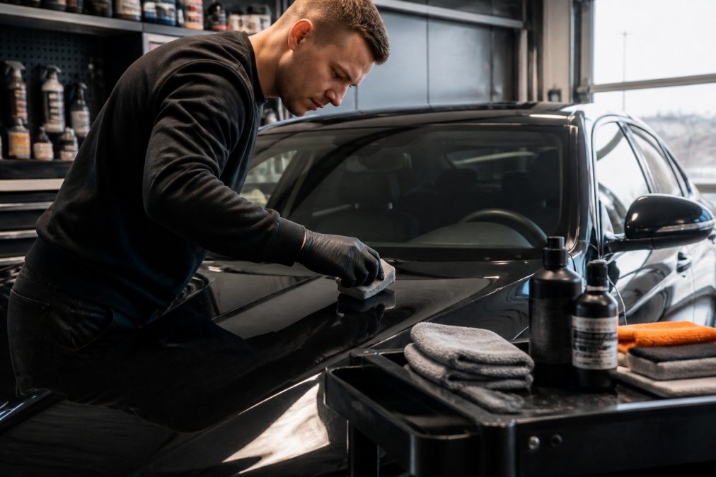 Persoon die professioneel autowas aanbrengt met een applicatorpad op een schone auto in een garage, met producten en doeken zichtbaar