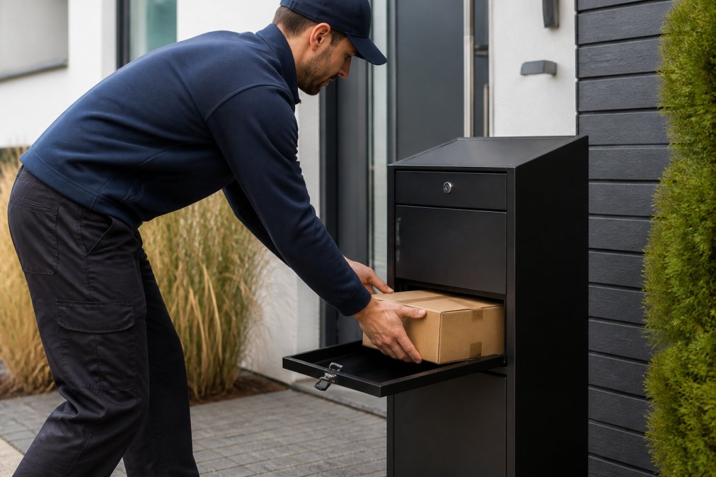 Een bezorger plaatst voorzichtig een pakket in een moderne pakketbrievenbus bij een huisvoordeur, met focus op de handeling en de open valluik