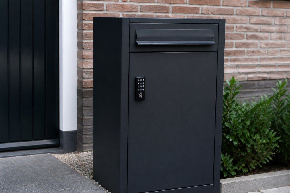 Close-up van een gesloten pakketbrievenbus met zichtbare valluik en codeslot, met nadruk op de beveiligingsmechanismen