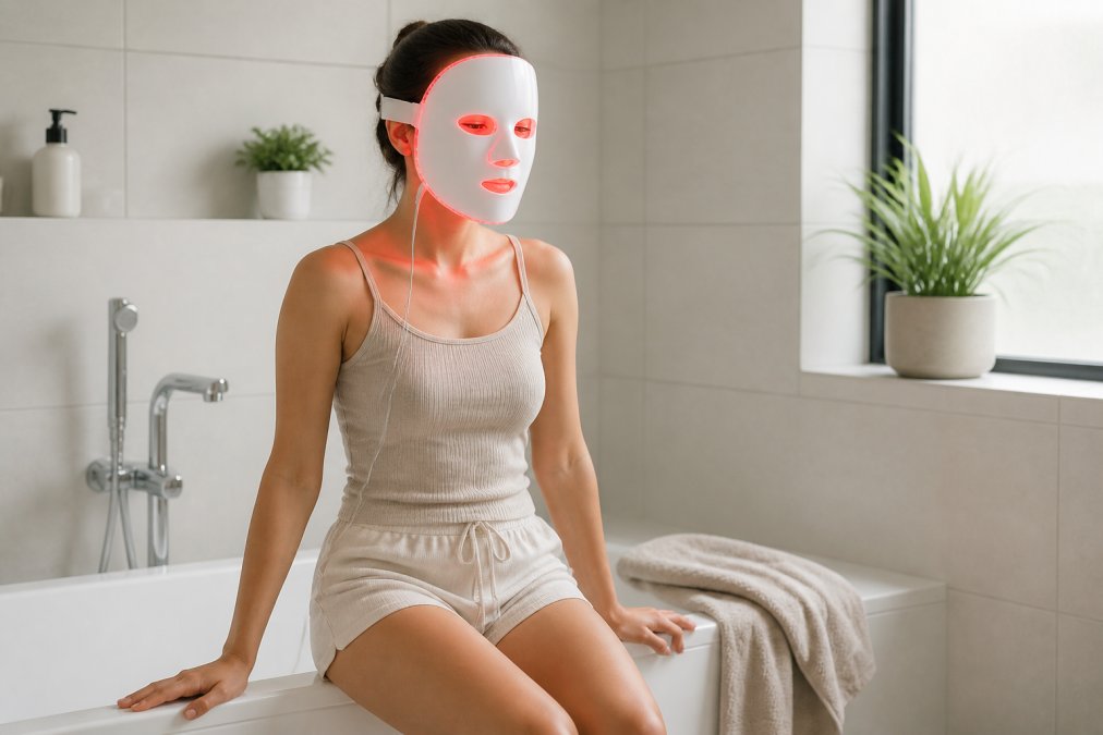 Een persoon die een LED-lichttherapiemasker draagt in een lichte badkamer, ontspannen zittend op de rand van een badkuip met een handdoek naast zich