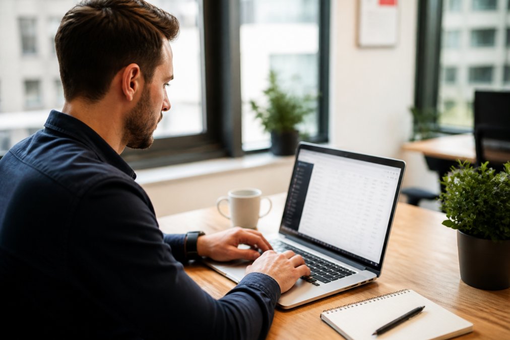 Professional working at laptop with web hosting interface displayed on screen, coffee cup and notebook nearby in modern office setting with natural lighting