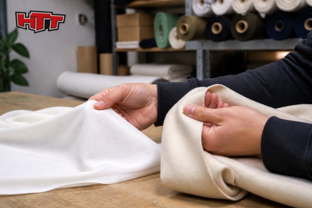 Primer plano de unas manos comparando dos tejidos de algodón, un punto fino y ligero junto a un tejido de sudadera grueso y pesado, sobre una mesa de trabajo de madera en un archivo de moda con rollos de tela al fondo
