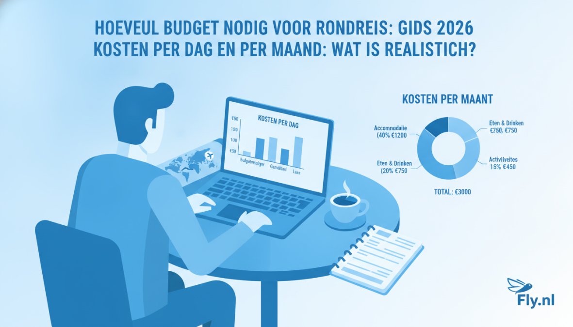 Reiziger zittend aan een café-tafel in een Europees plein met laptop, notitieboek en kaart, koffie en budget-aantekeningen zichtbaar