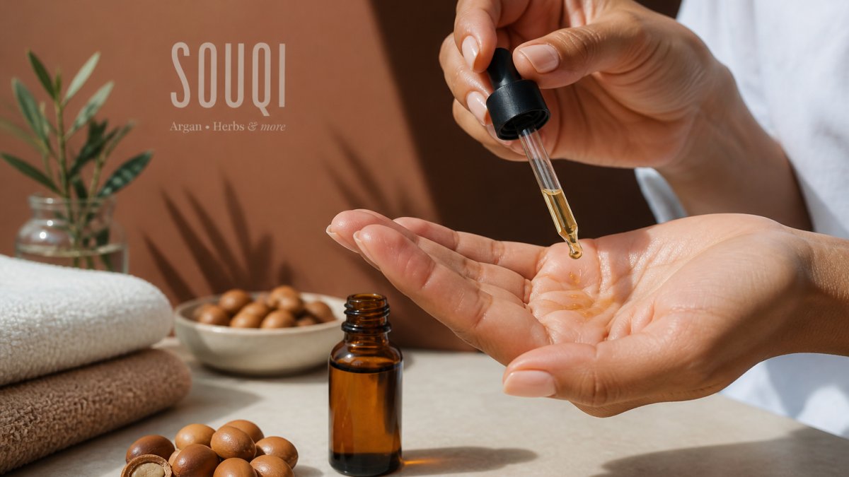 Handen die enkele druppels pure arganolie uit een flacon dispenseren op een schone handpalm, met zachte natuurlijke verlichting