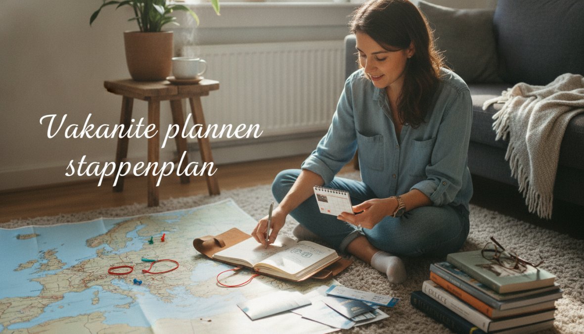 Persoon die aan een bureau zit met een laptop, notitieblok en een kopje koffie, terwijl hij een reisroute plant met kaarten en een checklist in zicht