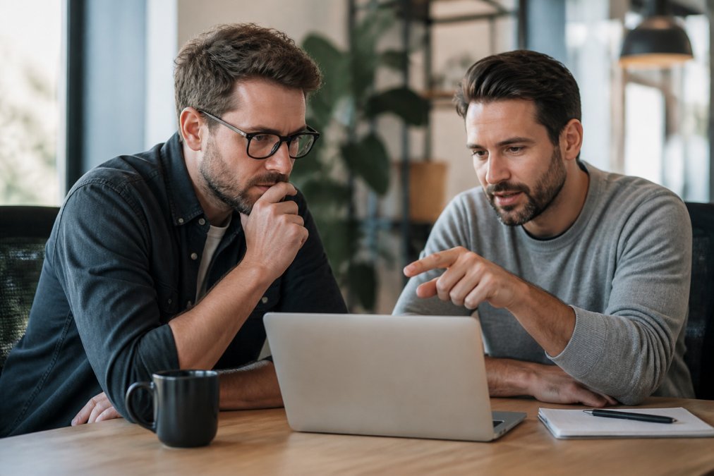Team van twee webmasters samenwerkend aan een computerscherm in modern kantoor, discussiërend over website-strategie