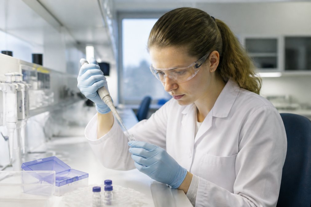 Een onderzoeker in een modern laboratorium voegt met een micropipet vloeistof toe aan een glazen vial met gevriesdroogd peptidepoeder, met laboratoriumhandschoenen en een veiligheidsbril, helder wit licht op de werkbank