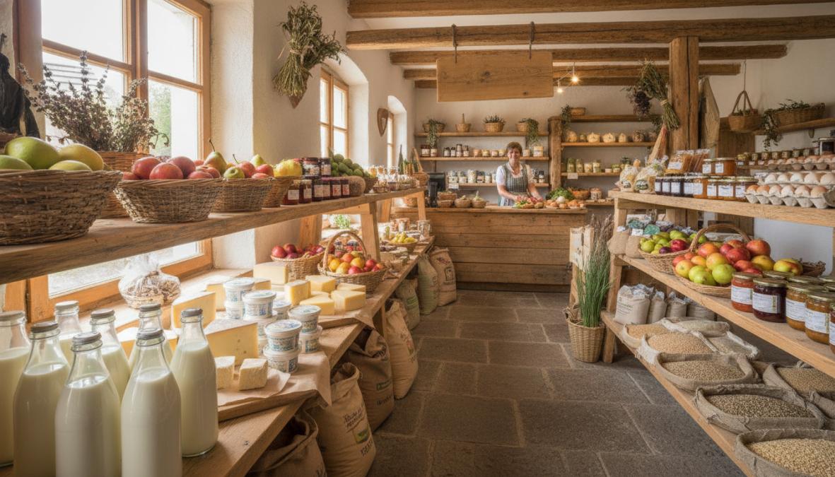 Innenraum eines traditionellen Hofladens mit beleuchteten Holzregalen voller regionaler Produkte wie Käslaibe, Milchflaschen und Brotlaibe, während ein Kunde an der Theke mit dem Verkäufer spricht