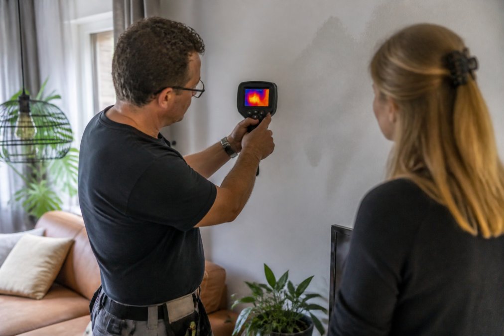 Technicus gebruikt een thermische camera voor lekdetectie om de oorzaak van een hoge waterrekening lekkage in een muur te