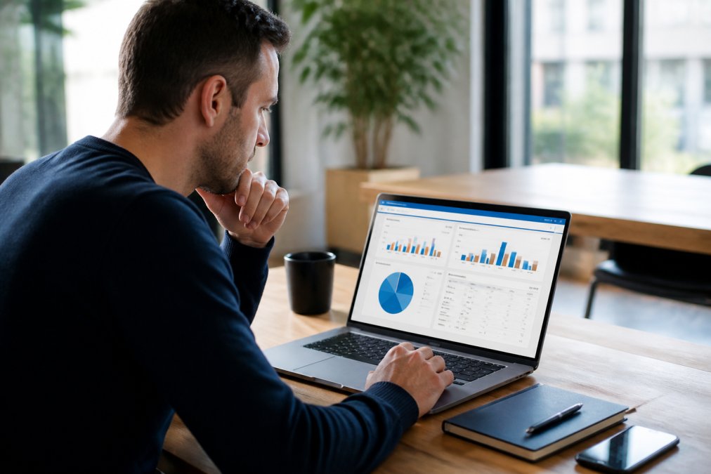 Zakenman zit achter laptop met analysegegevens op het scherm, concentrerend op conversiegegevens en webanalytics dashboard